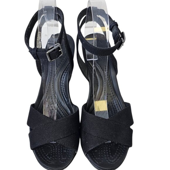 CROCS Womens Leigh ll Ankle Strap Wedge Sandals, Black, Size 7 - Picture 5 of 11